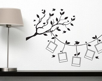 Wall Vinyl Decal Family Tree Square Shaped Picture Frames Tree Branch Birds Modern Home Decor (#2103dn)