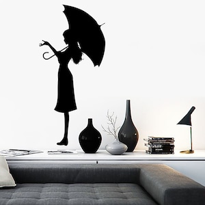 Adesivo de parede de vinil Menina com um guarda-chuva Decoração romântica Quarto de menina Moderno Abstrato Decoração de arte para casa (#1165dz)