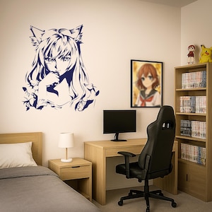 Anime Girl Wall Decal – Manga Otaku Art – Japanese Vinyl Sticker for Bedroom, Game Room, or Office Interior Mural 2943di