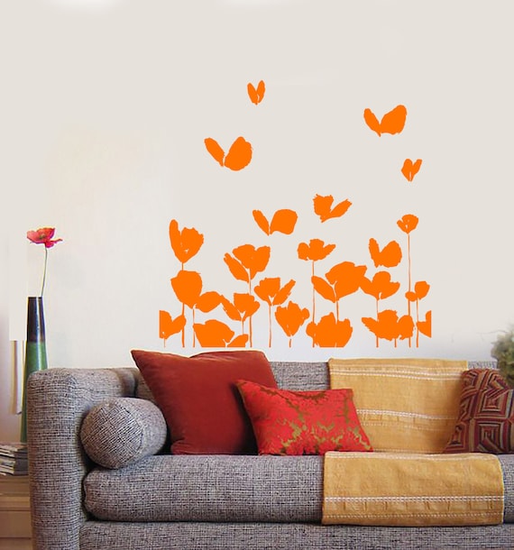Colorful Decals Vinyl Print Blooming Art Eco Friendly #9 Poppy And Powder Flowers Vinyl Set Greenery Vinyl Decal
