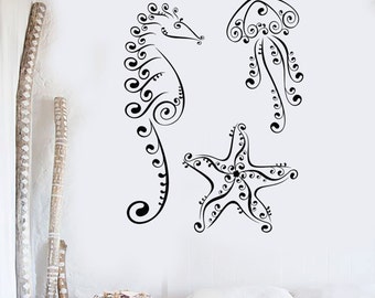 Wall Vinyl Decal Ocean Sea Marine Sea Horse Jelly Fish Decor 2367di