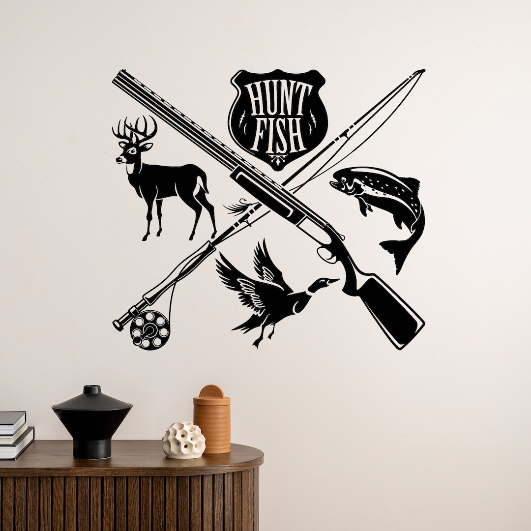 Hunter Vinyl Wall Decal Hunting Fishing Hobby Rod Gun Stickers Mural ...
