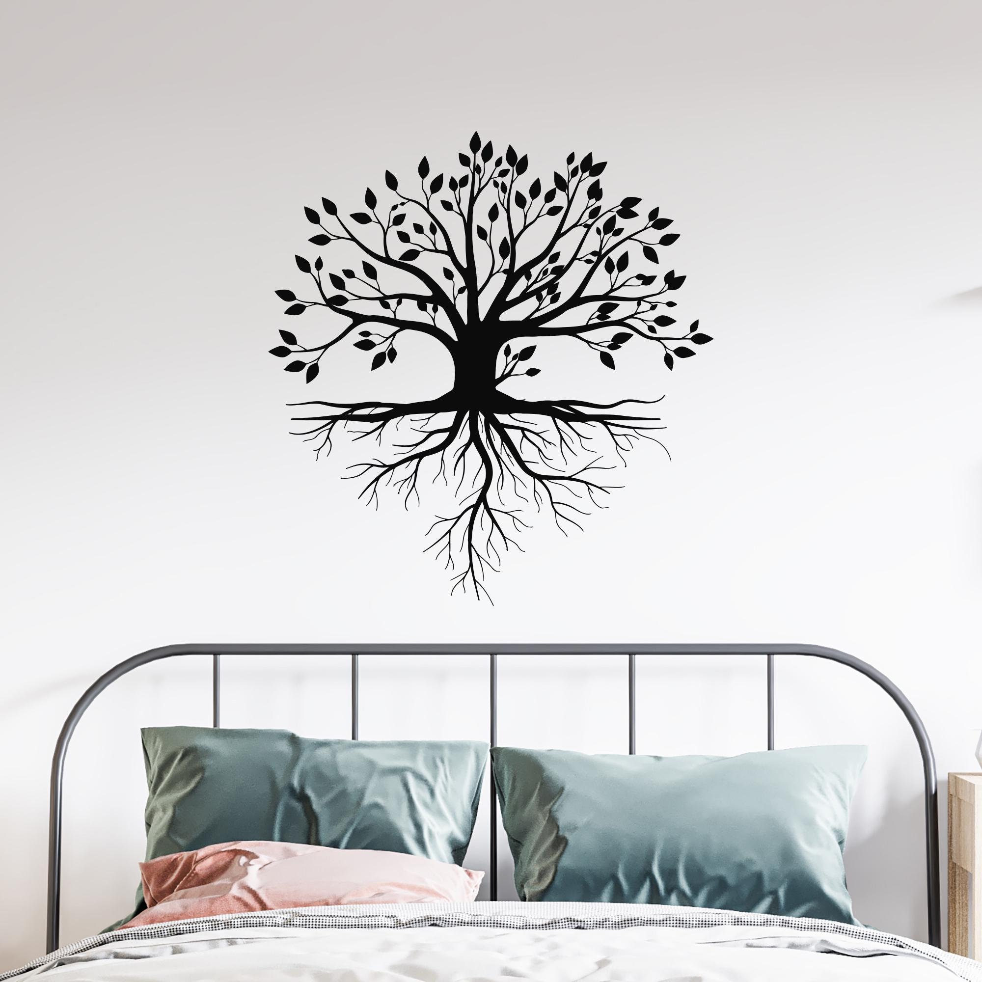 Sticker mural Arbre de vie en vinyle Feuilles Branches Racines Décoration de salle familiale Chambre à coucher Décoration de chambre d'enfant Stickers muraux thème nature (#9309dg)