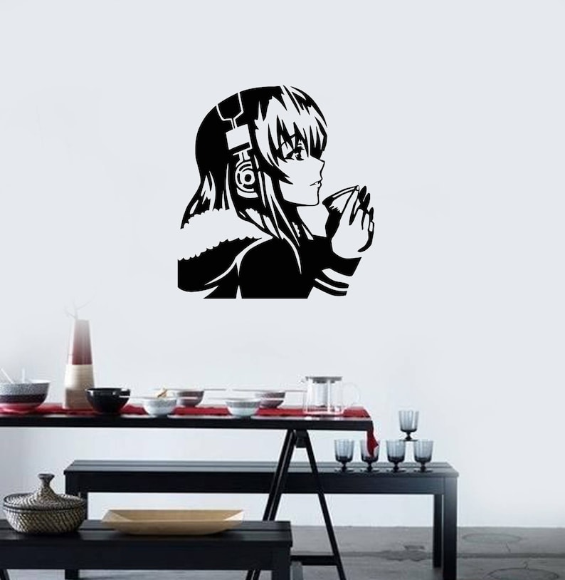 Anime Girl Vinyl Wall Decal Headphones Coffee Dream Room Art - Etsy