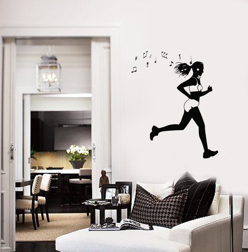 #2811di Running Girl Vinyl Wall Decal Runner Music Headphones Run Stickers Mural