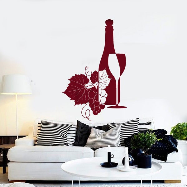 Wall Vinyl Decal Wine Bottle Wine Glass Winery Wine Grapes Wine Seller Decor Restaurant Kitchen Home Decor (#1223dz)