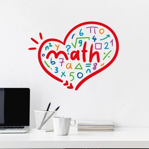 May include: A red heart-shaped graphic with the word "math" in the center, surrounded by colorful mathematical symbols and numbers. The design is on a white wall, suggesting a classroom or study space.