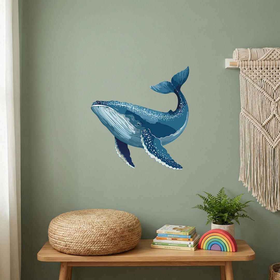 Ocean Whale Wall Decal, Blue Whale Vinyl Sticker for Nursery, Nautical ...