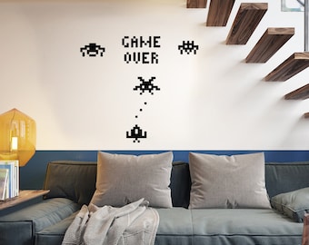 Retro Game Over Vinyl Wall Decal - Gamer Room Decor Man Cave Decoration Geeky Gaming Pixel Art Stickers Mural (#6111di)