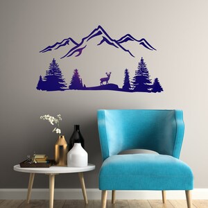 Nature Vinyl Wall Decal Mountain Trees Tree Forest Deer Animal Stickers ...