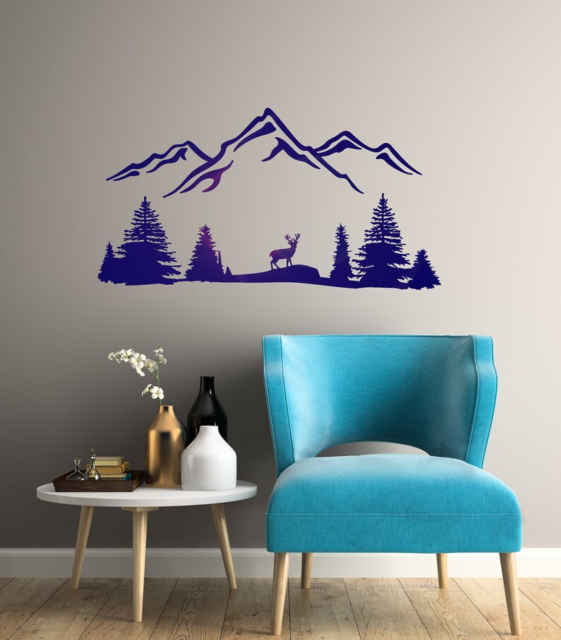 Nature Vinyl Wall Decal Mountain Trees Tree Forest Deer Animal Stickers ...