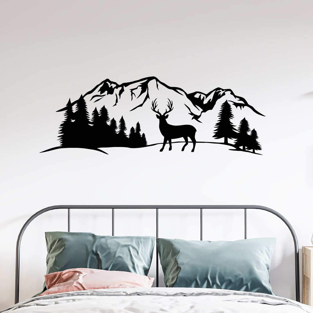 Deer Vinyl Wall Decal Mountains Snow Animal Winter Forest Trees ...