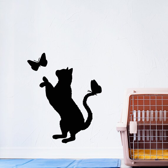 Sticker Mural Chat Et Papillon - 300x400 Mm - Vinyle Amovible - Décoration Chambre, Cuisine, Salon