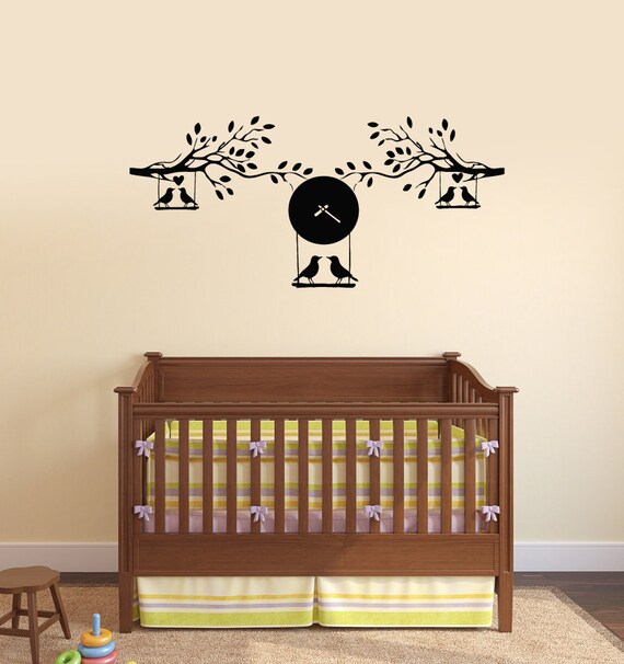 nursery vinyl wall decal branches birds clock kids room decor | etsy