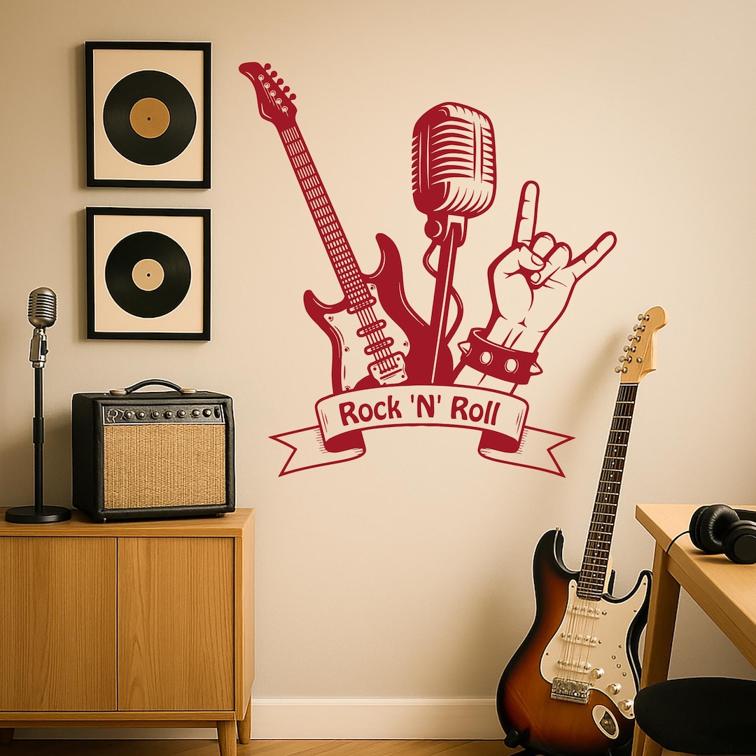 Rock Music Wall Decal – Guitar and Microphone Sticker for Studio, Music ...