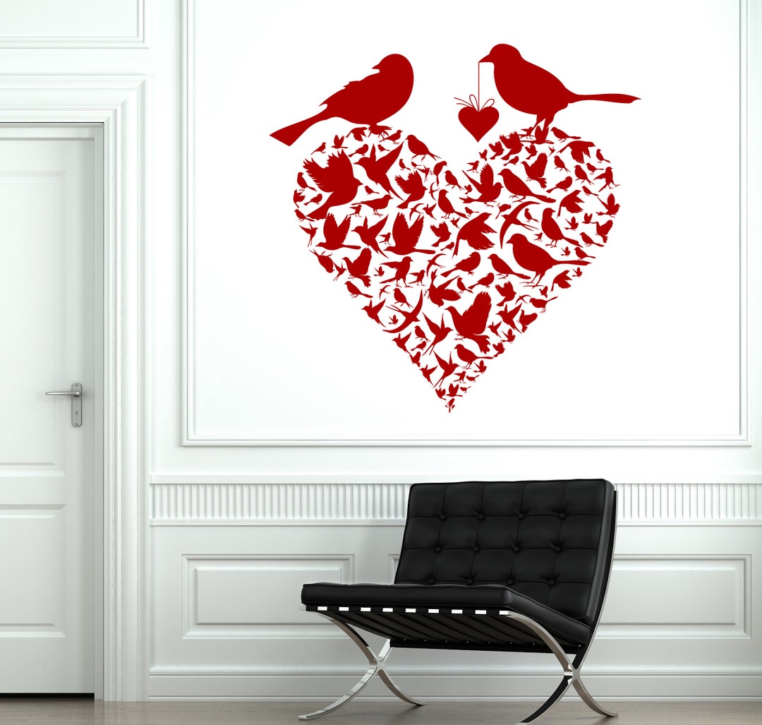 Wall Vinyl Decal Couple Spring Birds Heart Shape Love Decor Living Room ...