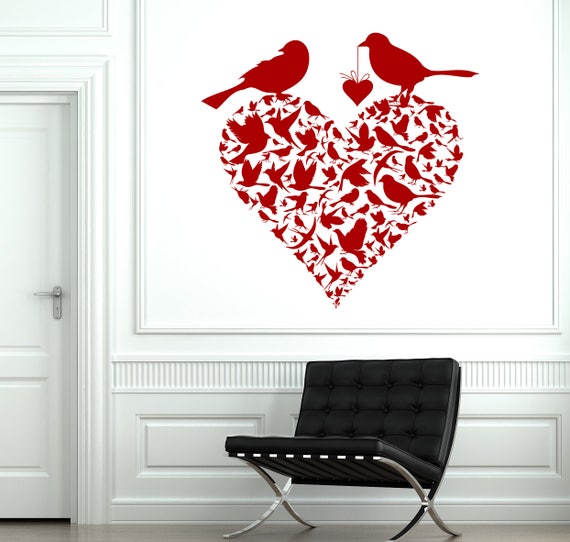 wall vinyl decal couple spring birds heart shape love decor | etsy