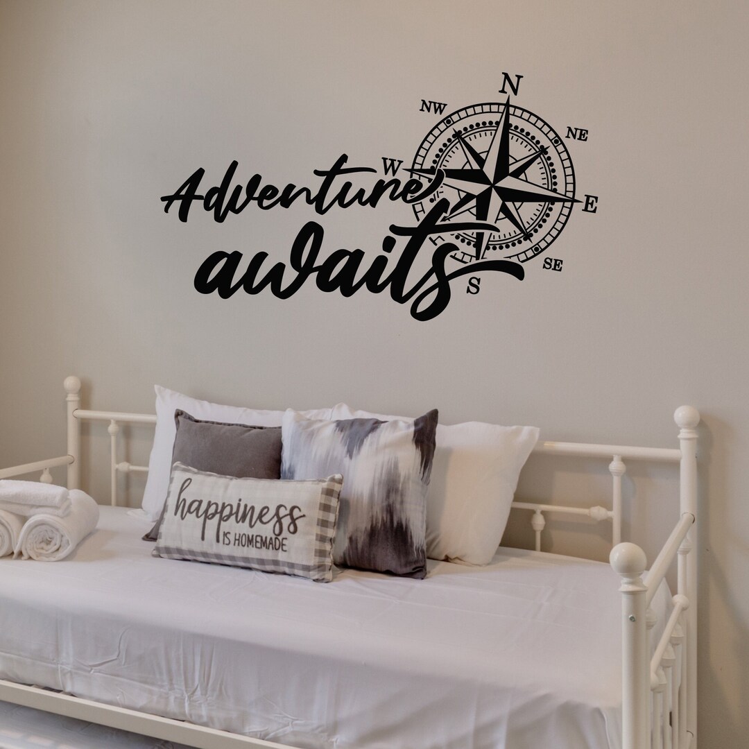 Compass Vinyl Wall Decal Adventure Awaits Inspiring Quote Navigation ...