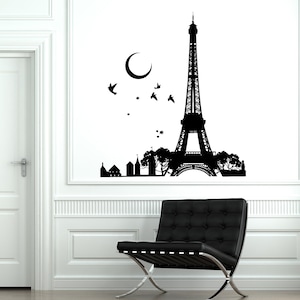 Calcomanía de pared París Francia Torre Eiffel Noche Luna Pájaros Vinilo Adhesivo 1823dz