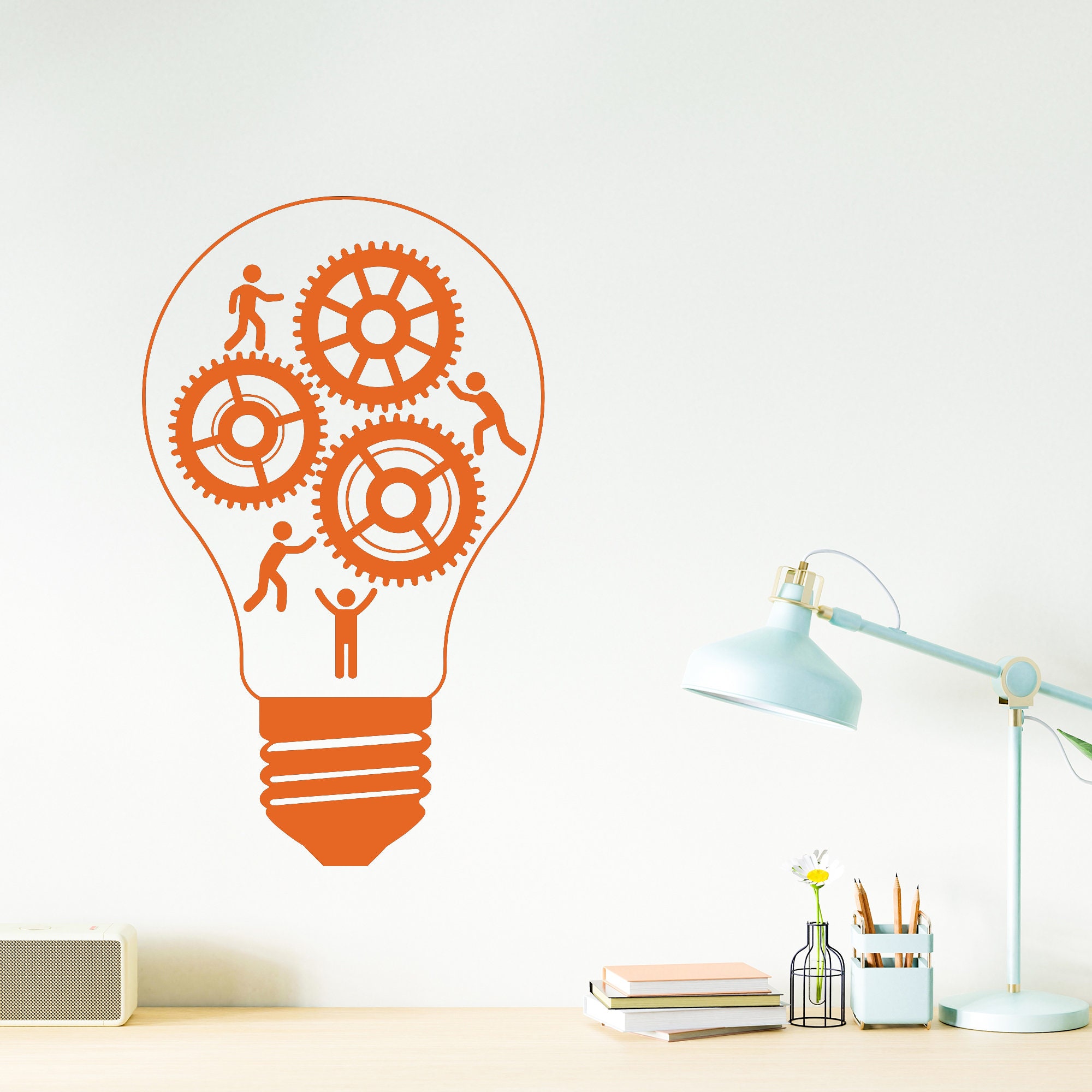 Light Bulb Wall Vinyl Decal Gears Teamwork Creative Idea Office Decor ...