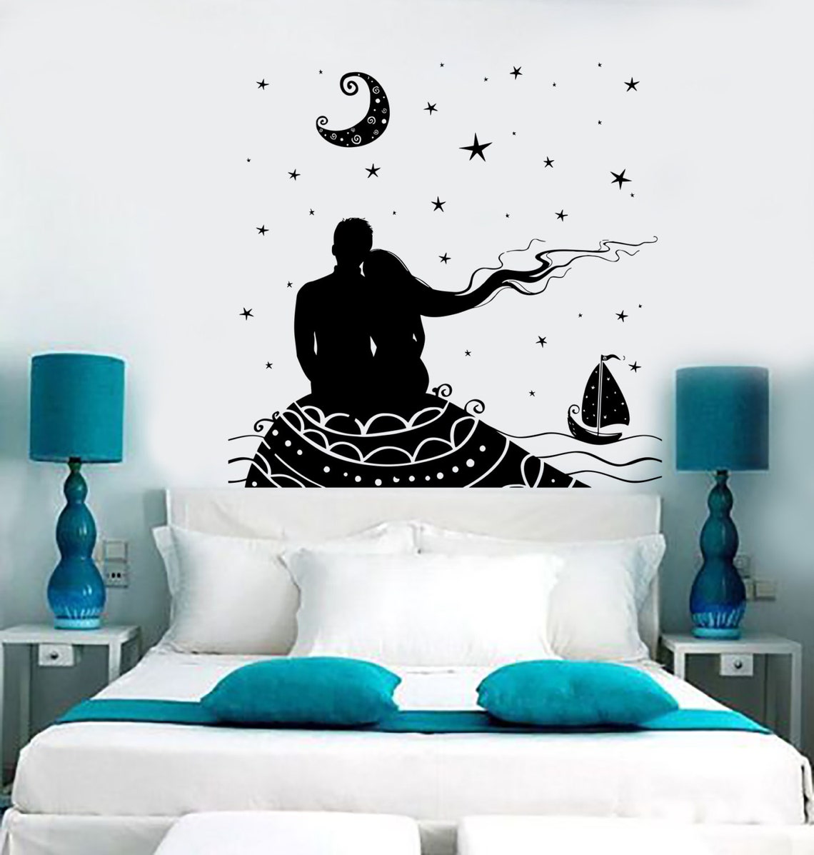 Wall Vinyl Decal Bedroom Romantic Couple Love Night Ship Moon Beach Sea ...