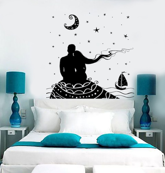 Wall Vinyl Decal Bedroom Romantic Couple Love Night Ship Moon Beach Sea 1379dz