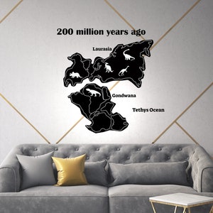 May include: A black and white illustration of the supercontinent Pangaea, as it existed 200 million years ago. The illustration shows the two main landmasses, Laurasia and Gondwana, separated by the Tethys Ocean. The illustration includes several dinosaurs.