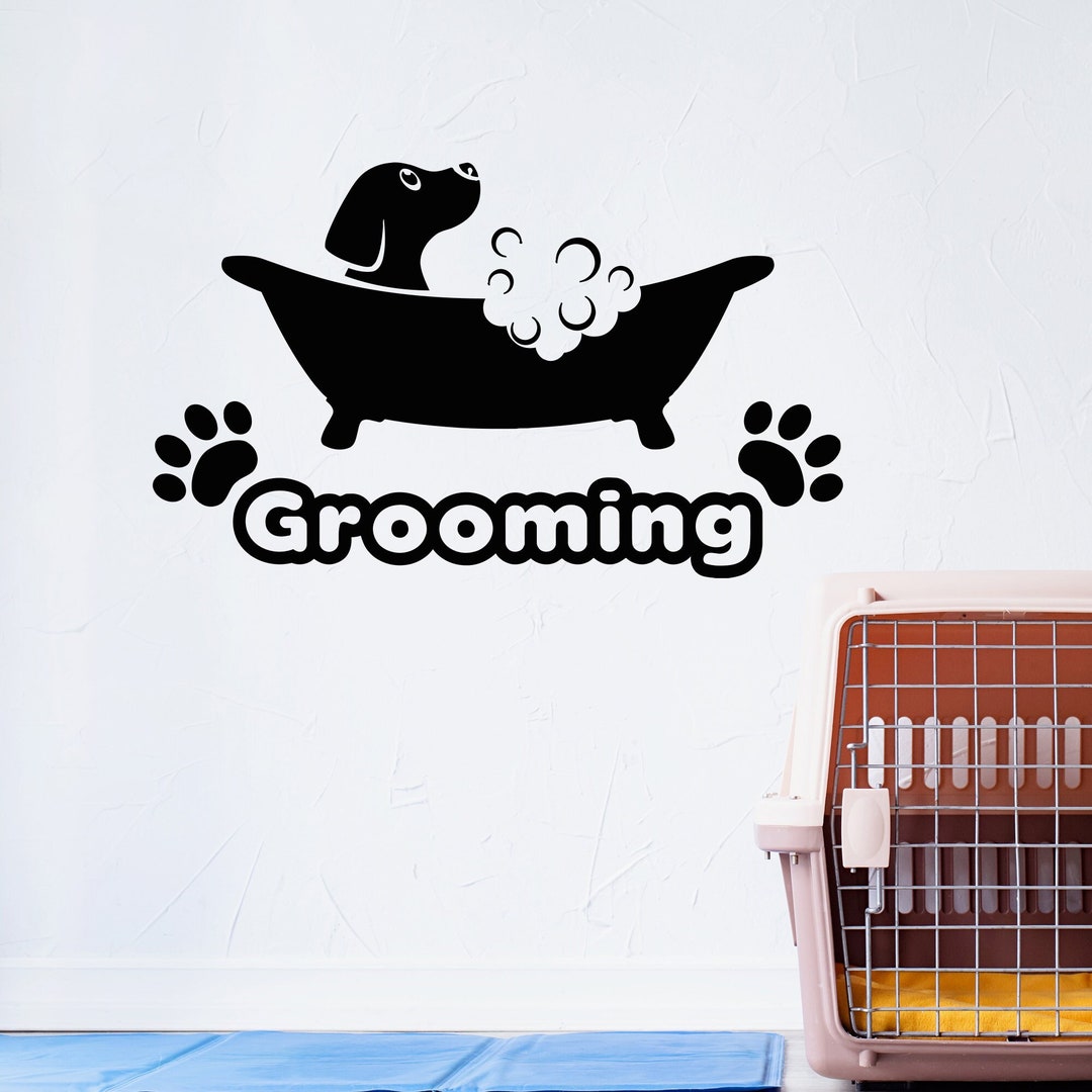 Grooming Logo Wall Vinyl Decal Dog Pet Caring Puppy in Bath Pawprints ...