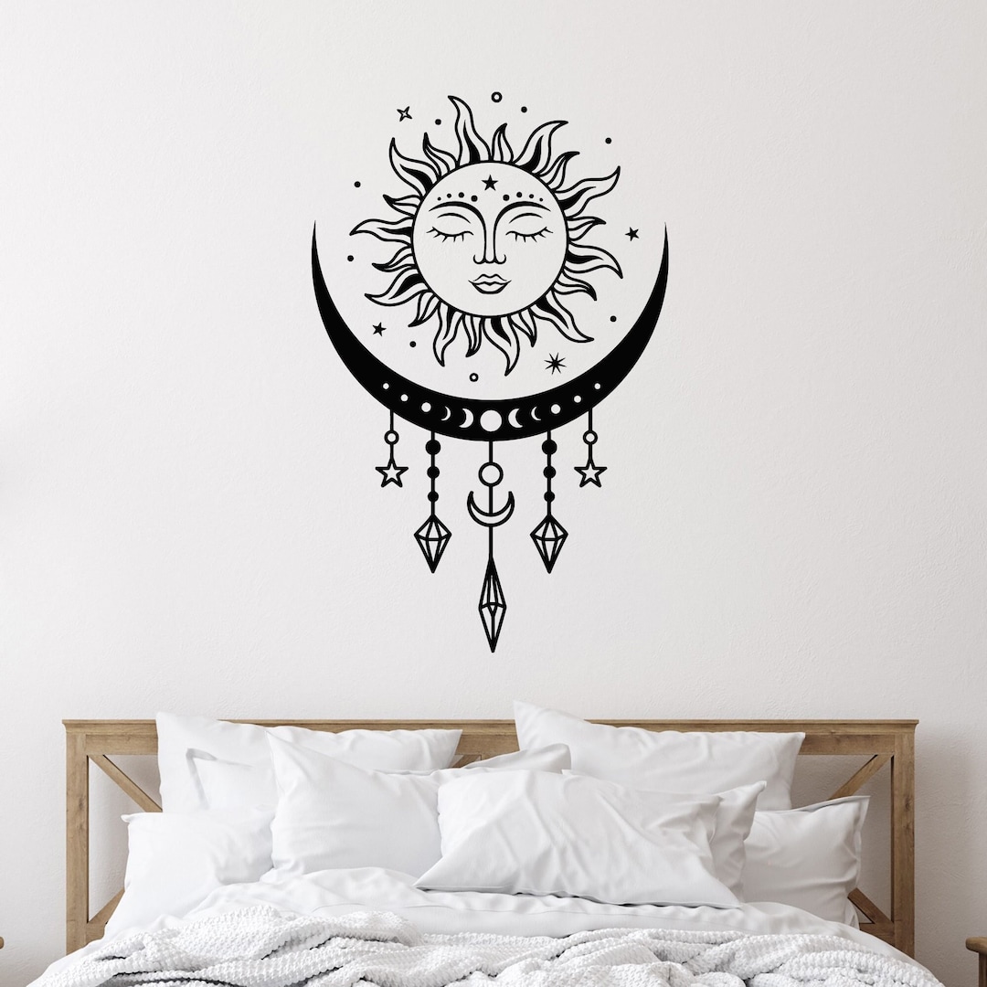 Sun Face Vinyl Wall Decal Boho Style Bedroom Good Night Moon Crescent ...