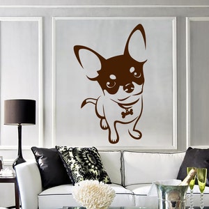 Wall Vinyl Decal Dog&#39;s Portrait Cute Puppy Chihuahua with Bow Tie Dog Collar Abstract Modern Home Decor (#1140dz)