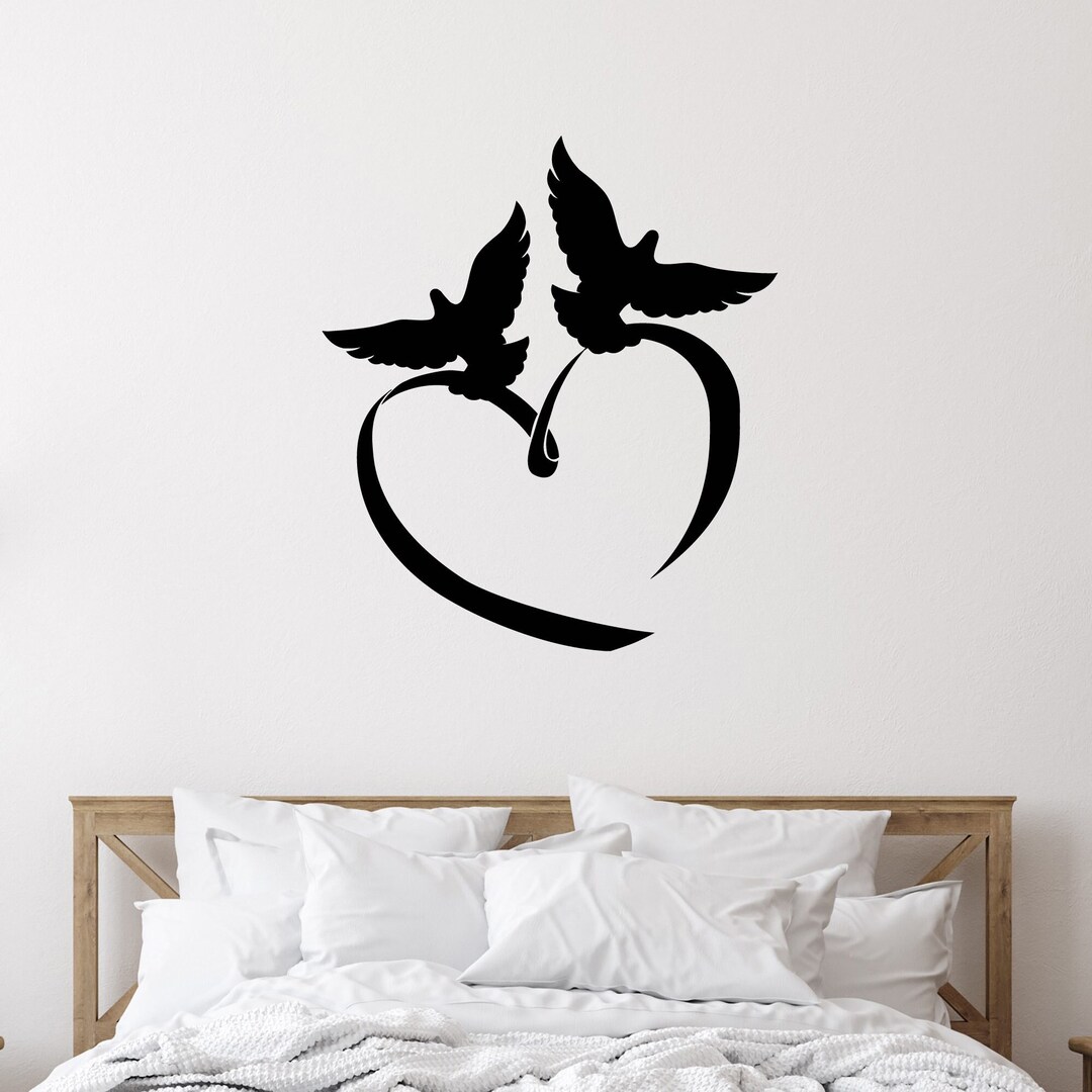 Heart Vinyl Wall Decal Couple Dove Bedroom Romantic Love Stickers Mural ...