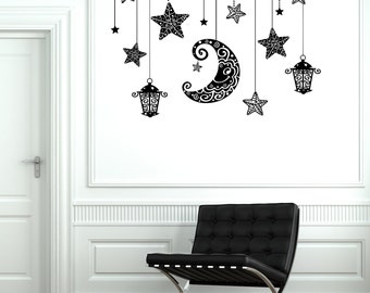 Vinilo decorativo de pared con diseño de luna, estrellas y luz, mural romántico para dormitorio, adhesivo de vinilo 1890dz