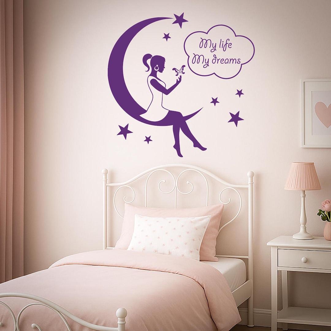Girl Sitting on Moon Wall Decal – Dreamy Night Stars Vinyl Sticker for ...