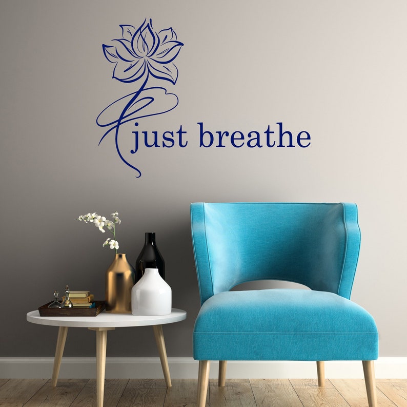Just Breathe Vinyl Wall Decal Lotus Flower | Yoga Studio Wall Art ...