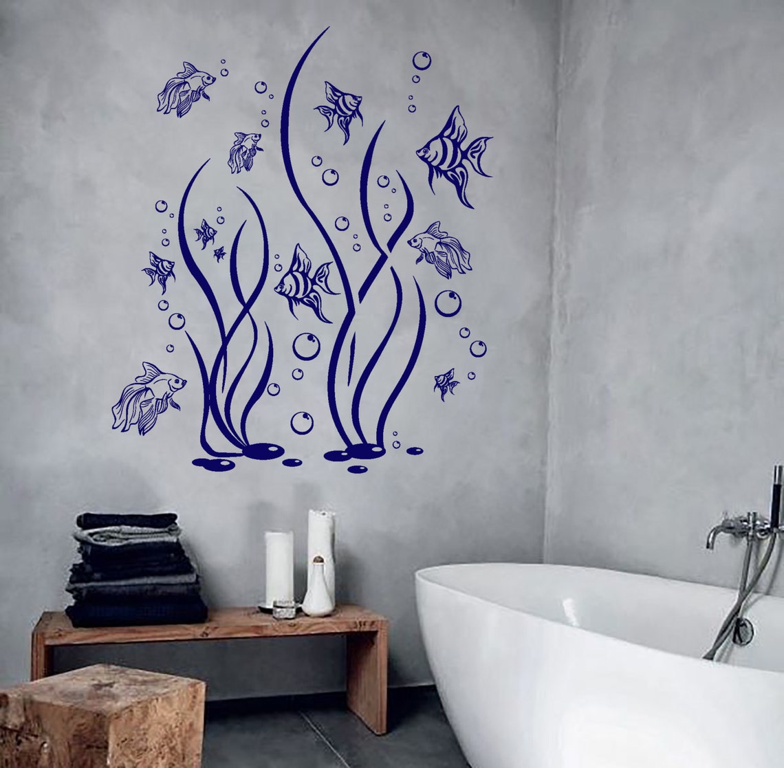 Wall Vinyl Decal Bathroom Decor Fish Seaweed and Bubbles Etsy