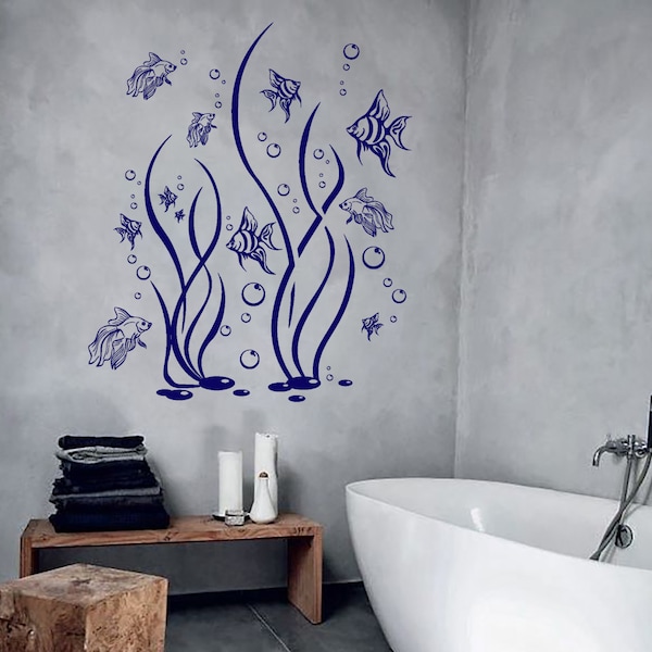 Arte Punto Focal pared vinilo Decal baño Decor peces, algas y burbujas acuario para paredes de baño (#1062dz)