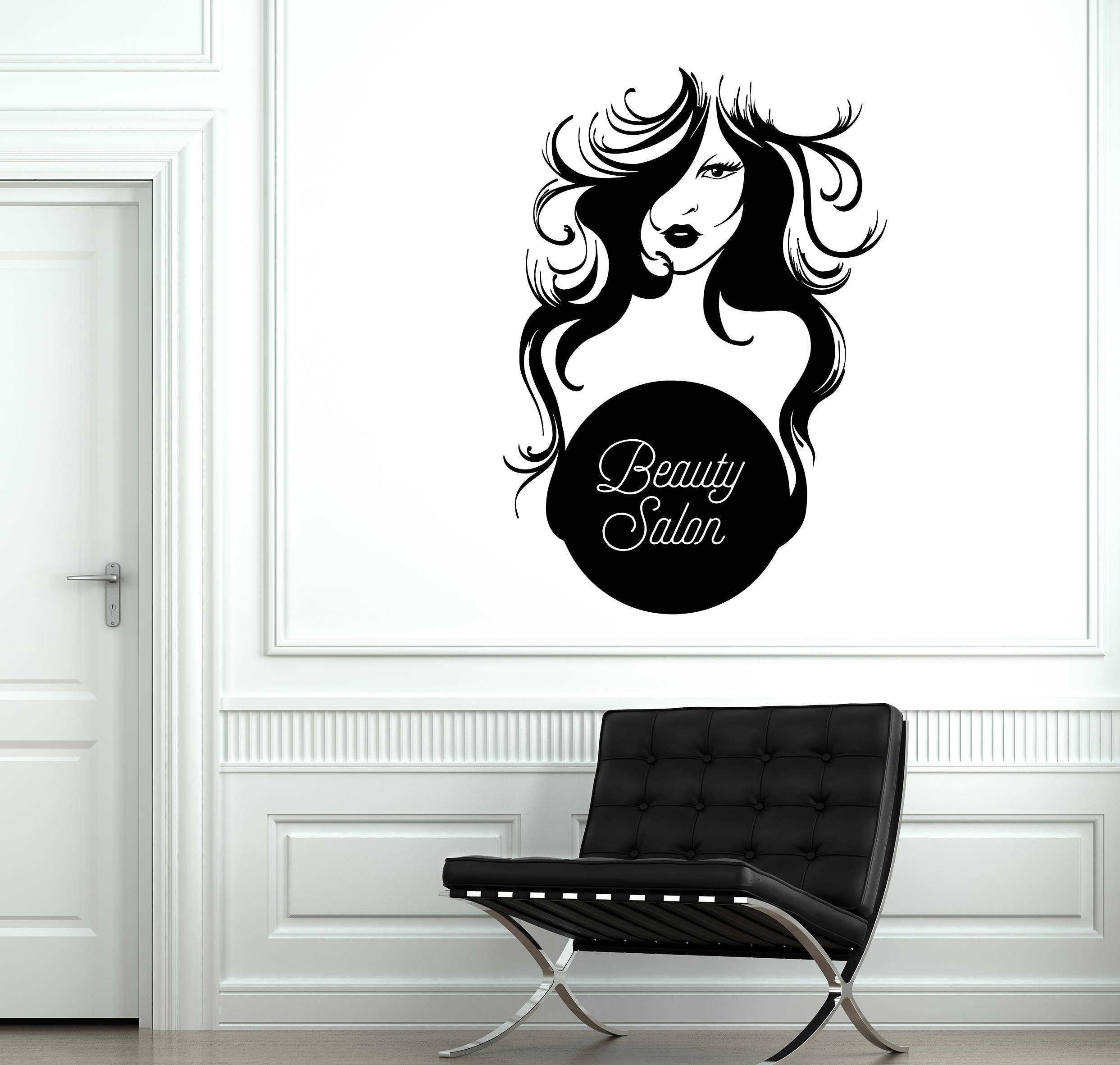 Vinyl Wandbild Friseursalon Schild – Schönes Mädchen Mit Langen Haaren, 31x42 Cm, Schwarz, Selbstklebend, Abziehbar