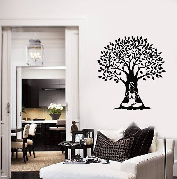 Meditation Woman Vinyl Wall Decal Tree Meditating Art Yoga Studio Wellness Space Relaxation Area Stickers Mural (#2628di)