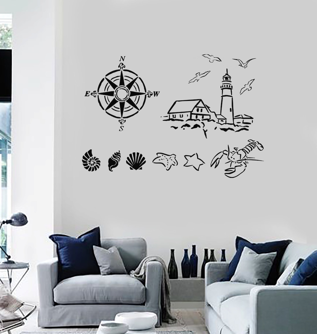 Wall Vinyl Decal Nautical Marine Sea Ocean Shell Compass Mural 2220di ...