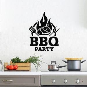 May include: Black and white BBQ party wall decal with a flame, a steak, a spatula, and a fork. The text "BBQ PARTY" is below the image.