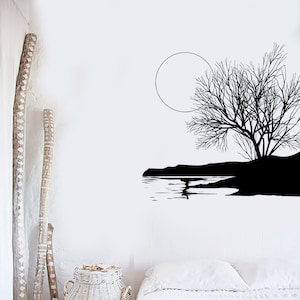 Wall Vinyl Decal Tree Nature Landscape Moon and River Modern Decal Painting Center Focal Point (#1047de)