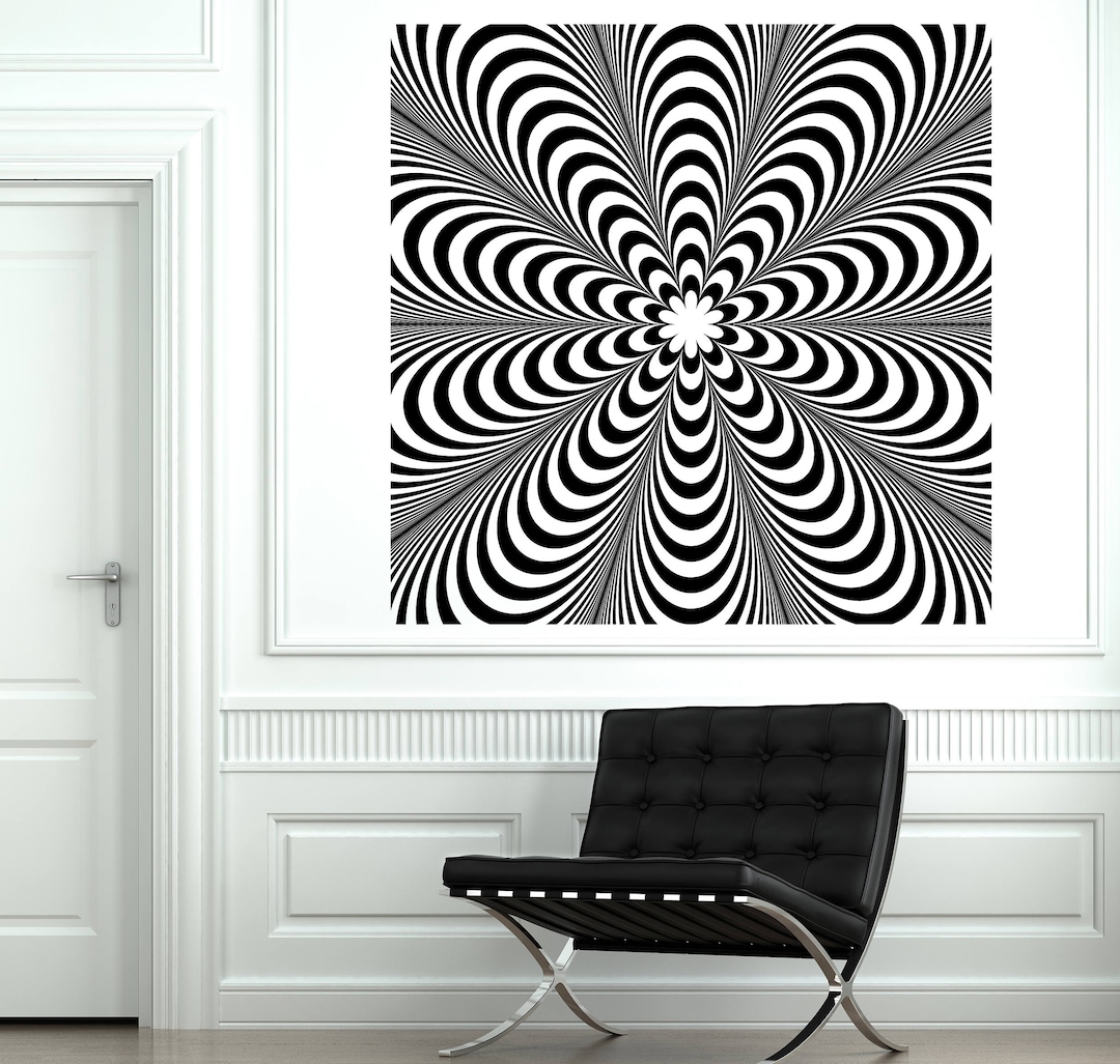 Wall Art Mural Black and White Optical Illusion With Striped Background