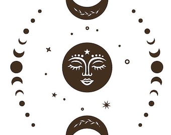 Vinilo decorativo de pared con fases lunares: decoración celestial de estilo bohemio para el hogar.