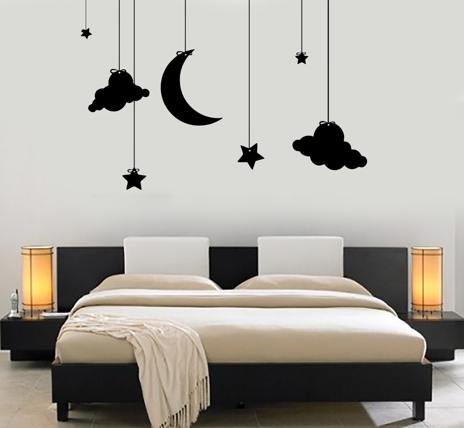 Wall Vinyl Decal Romantic Bedroom Moon Stars Cloud Night Kids Decor ...
