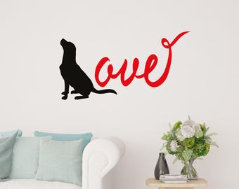 Love Dog Wall Decal with Sitting Puppy Silhouette | Pet Lover Vinyl Sticker for Home or Office Decor dci180