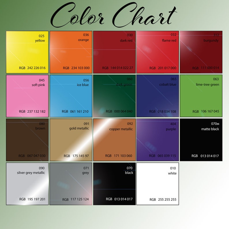 Op de afbeelding: Kleurenkaart met 12 verschillende kleuren, elk met een naam en een RGB-kleurcode. De kleuren omvatten geel, oranje, donkerrood, vlamrood, bordeauxrood, zacht roze, ijsblauw, donkergroen, kobaltblauw, limoengroen, bruin, goud metallic, koper metallic, paars, matzwart, zilvergrijs metallic, grijs, zwart en wit.