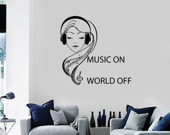 Wall Vinyl Decal Music On World Off Quote Teenage Girl in Headphones Musical Keys and Notes 1069di