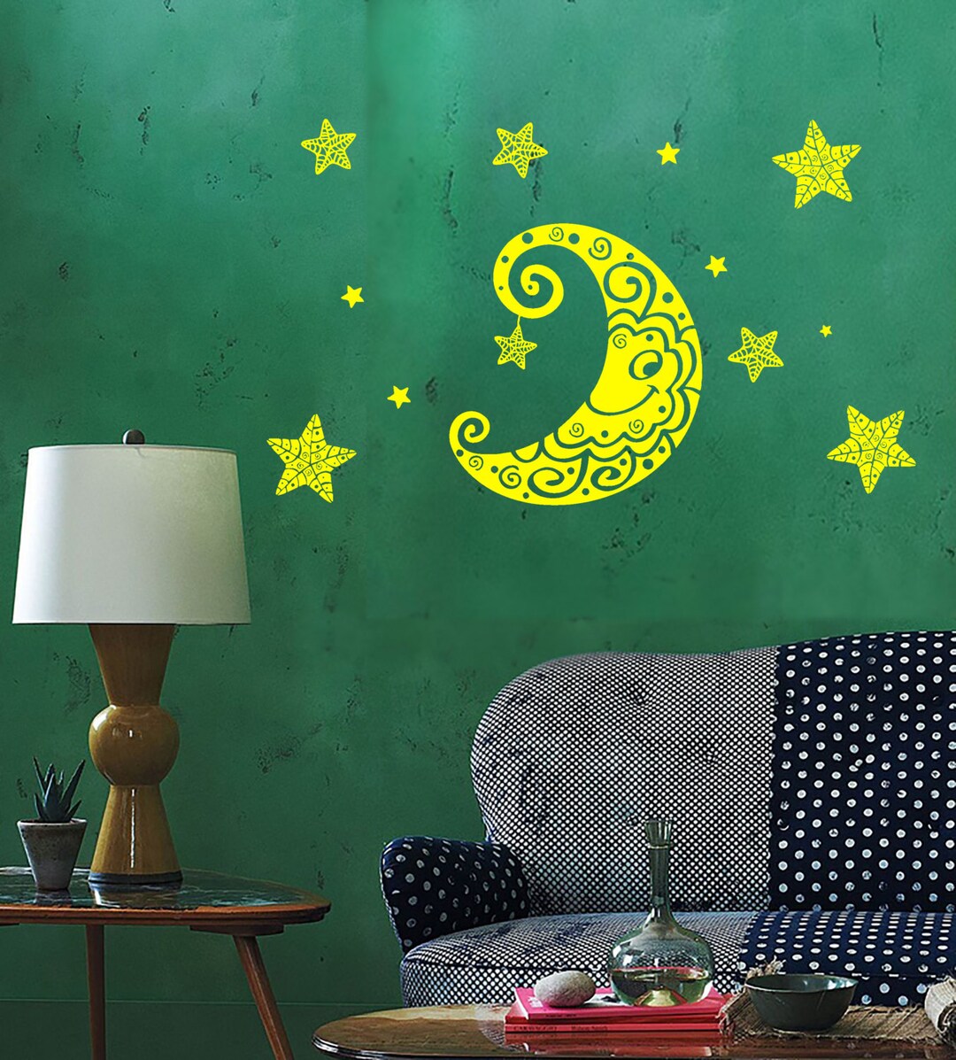 Wall Vinyl Decal Moon and Stars Night Sky Ethnic Sketch Style Drawing ...