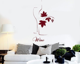 Wall Vinyl Decal Wine Quote Bottle Glass Sketch Winery Wine Grapes Decor Restaurant Kitchen Home Decor (#1224dz)