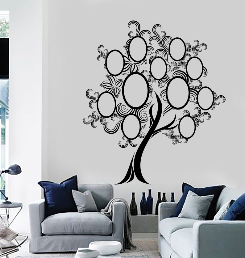 Wall Vinyl Decal Family Tree with Oval Picture Frames on Tree Branches Genealogy Modern Home Decor #1152dz